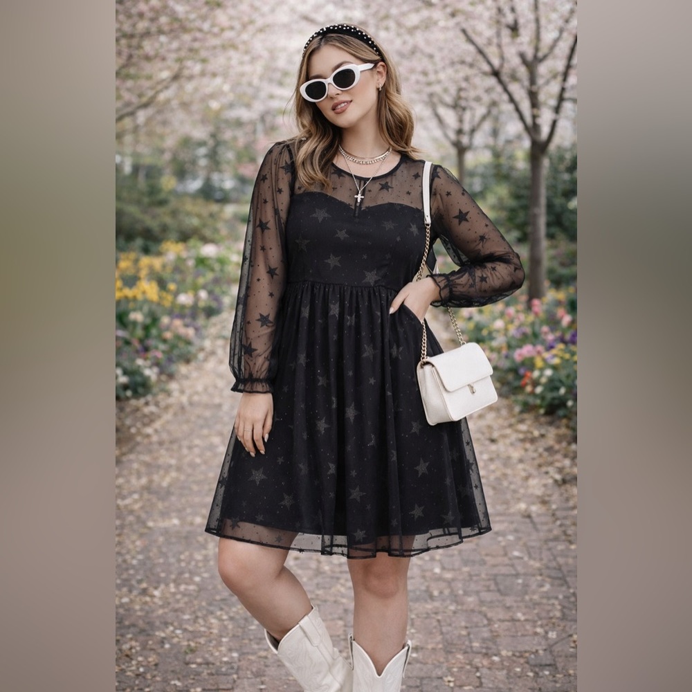 Torrid  Black Star Mesh Long Sleeve A-Line Dress  Celestial Goth Witchy Size 14